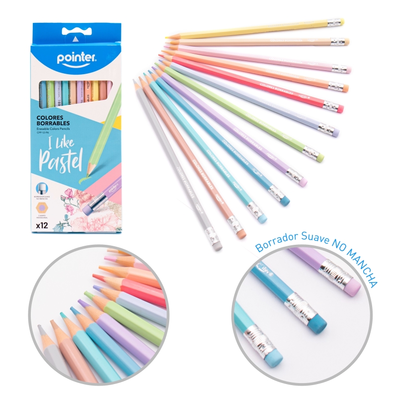 LAPICES DE COLORES BORRABLES x12PZS - PASTEL CUERPO HEXAGONAL