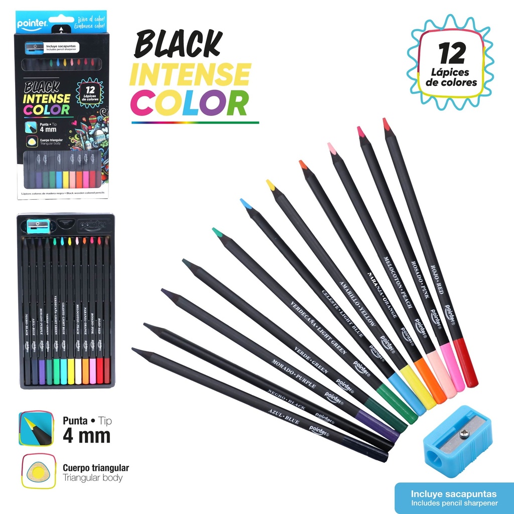 LAPICES DE COLORES INTENSE BLACK 4mm x12PZS - CUERPO TRIANGULAR Y SACAPUNTAS
