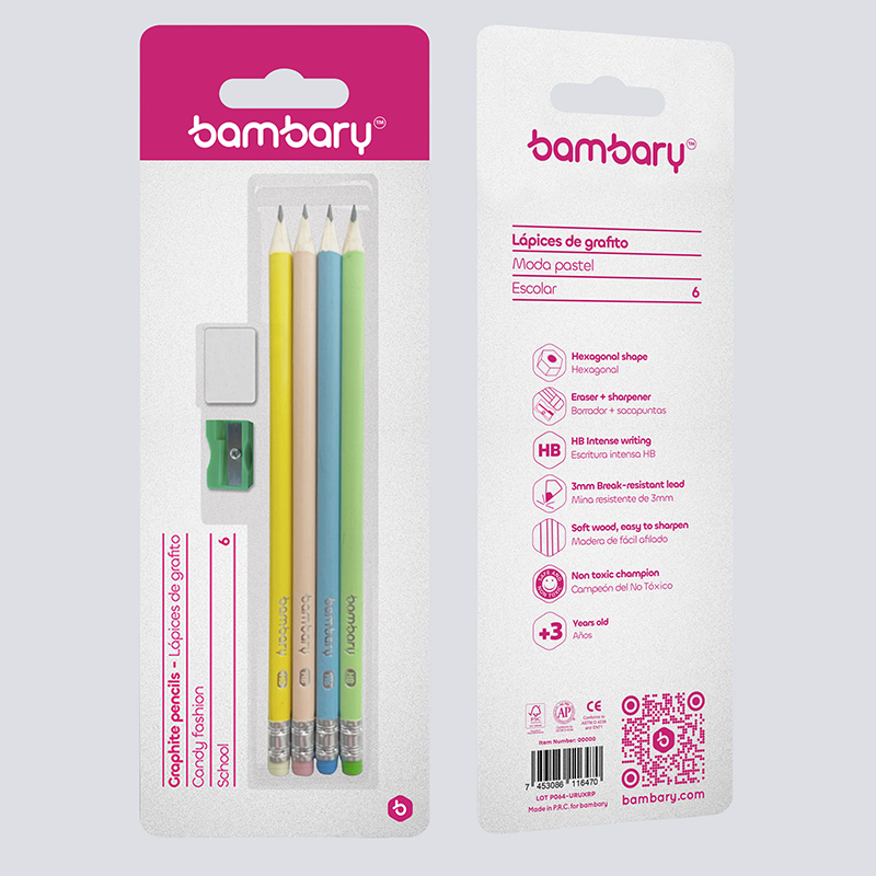 LAPICES DE GRAFITO HEXAGONALES x4UND + BORRADOR Y SACAPUNTAS