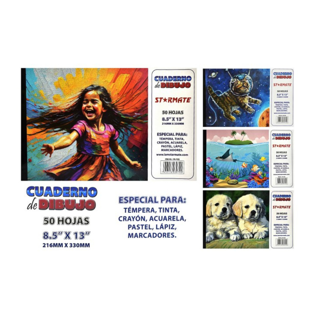 LIBRO DE DIBUJO 100gsm  8.5X13.5" , 50HOJAS, DIS.INFANTIL