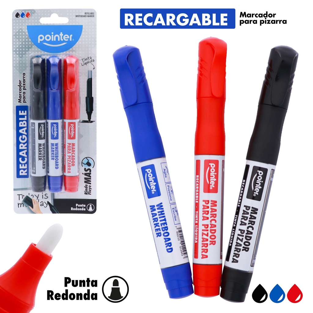 MARCADOR PARA TABLERO RECARGABLE TINTA LIQUIDA 3 PIEZAS (NEGRO, AZUL Y ROJO)