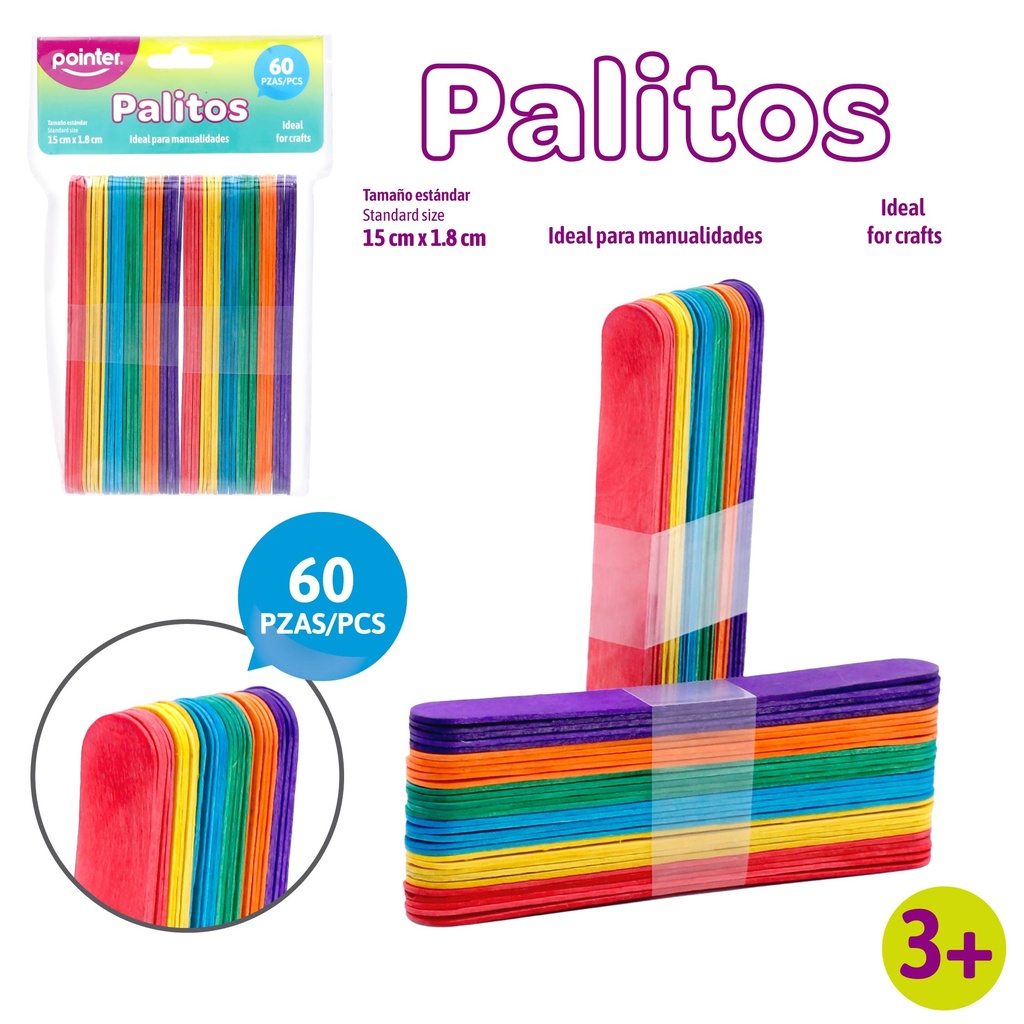 PALITOS DE COLORES PARA MANUALIDADES x 60 PZAS. (JUMBO)