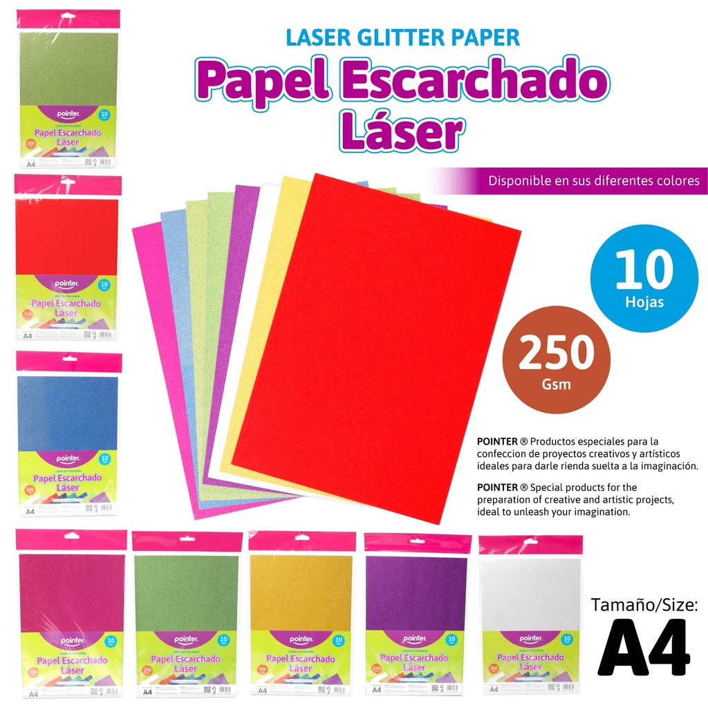 PAPEL ESCARCHADO LASER CARTA - 20x30CM x10 COLORES