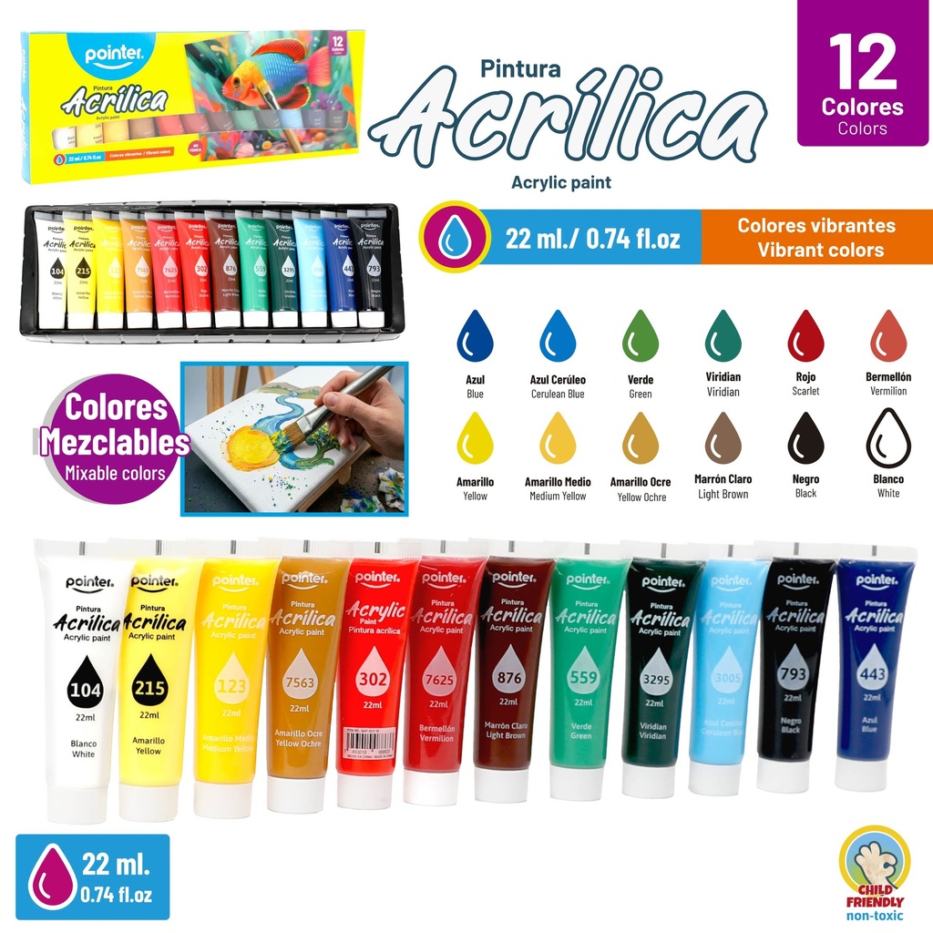 PINTURA ACRILICA 22ML x12 COLORES