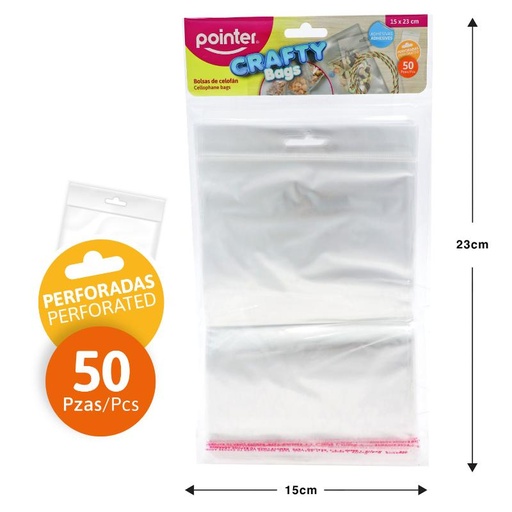 [OBH-69] BOLSAS DE CELOFAN ADHESIVAS PERFORADAS x50PZAS - 15 x 23CM
