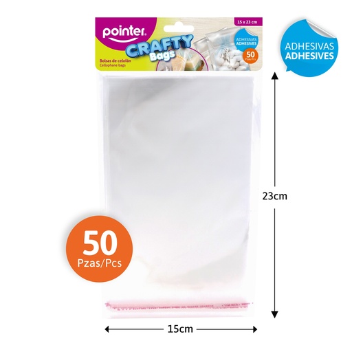 [OB-2315] BOLSAS DE CELOFAN ADHESIVAS x50PZAS - 15 x 23CM