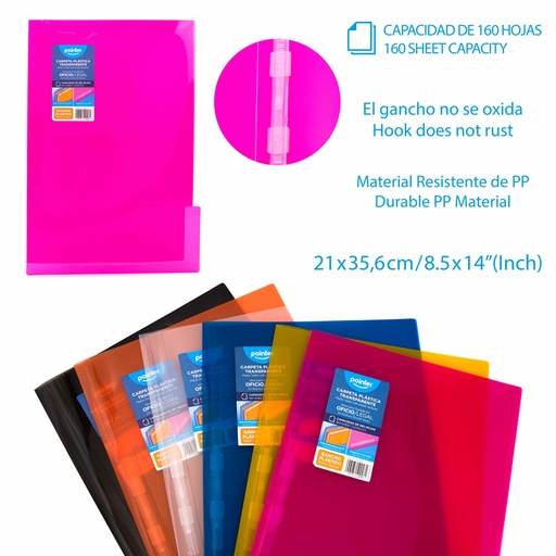 [FL-22158] CARPETA PLASTICA TRANSPARENTE CON GANCHO - OFICIO/LEGAL 21x35,6Cm