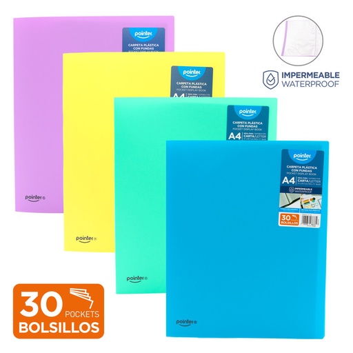 [FL1-34] CARPETA PLASTICA (PASTEL) CON FUNDAS - 30 BOLSILLOS CARTA/A4 21x29,7Cm