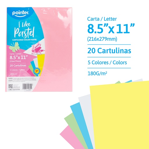 [CT-5P-20] CARTULINAS COLOR PASTEL x20UND - CARTA (21.6 x 27.9CM)