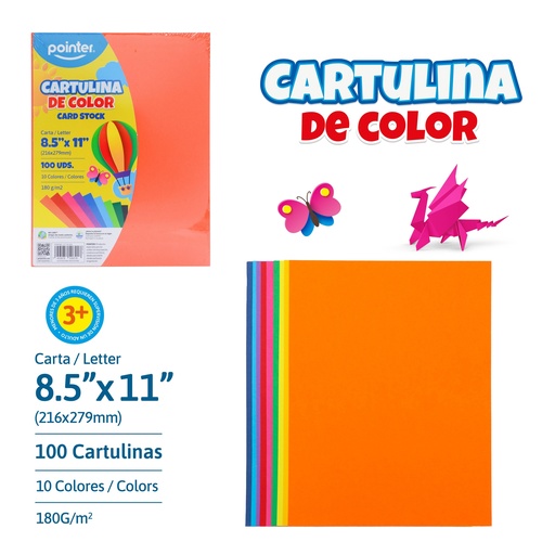 [CT-10-100] CARTULINA DE COLORES SURTIDOS x100UND - CARTA (21.6 x 27.9CM)
