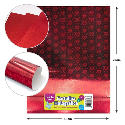 [HCT-CO57-R] CARTULINA HOLOGRAFICA ROJA - CORAZONES (50x70CM)