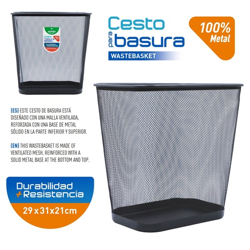 [HY-63516-BK] CESTO METALICO RECTANGULAR PARA BASURA (NEGRO) 30x30Cm