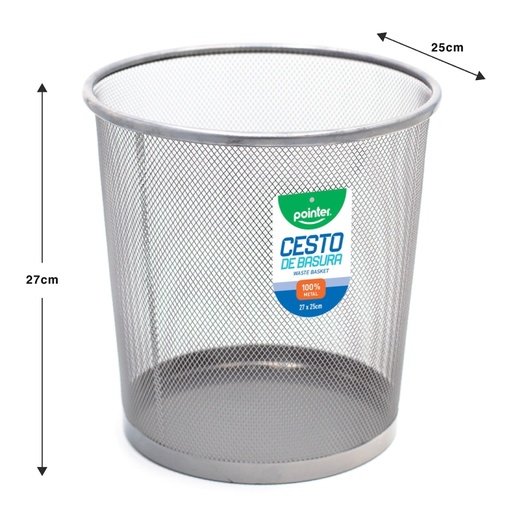 [HY-65002-SV] CESTO METALICO REDONDO PARA BASURA (PLATEADO) 27x25Cm