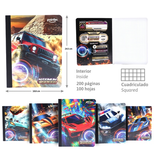 [COS-01-SQ] CUADERNO COSIDO A4 CUADRICULADO x100 HOJAS (CARROS)