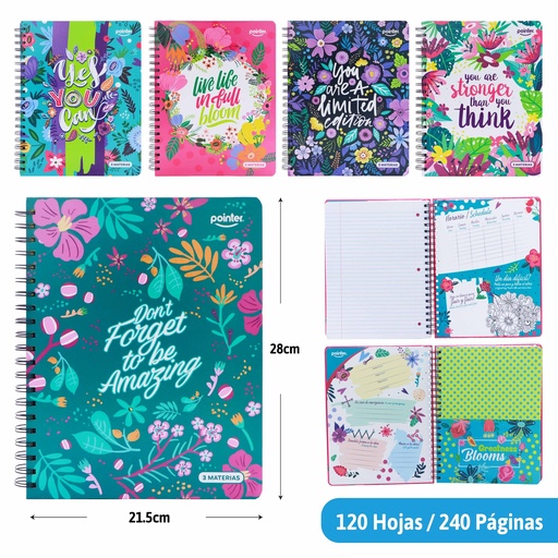 [ESP-05-3M] CUADERNO ESPIRAL 3 MATERIAS (FLORES)