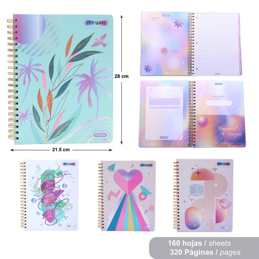 [MW-ESP-01-5M] CUADERNO ESPIRAL 5 MATERIAS 320 PAGINAS (FEMENINO)