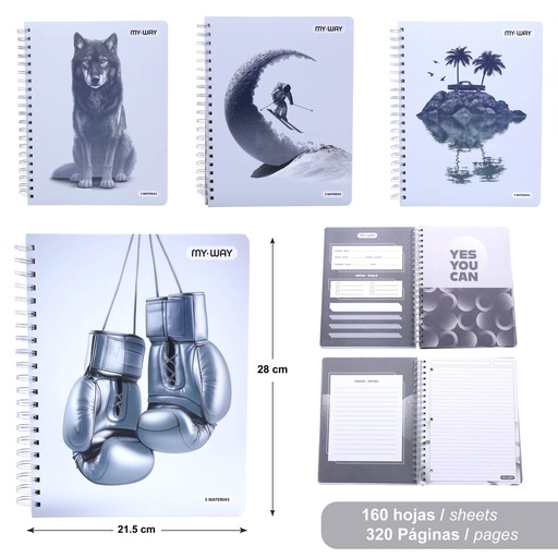 [MW-ESP-02-5M] CUADERNO ESPIRAL 5 MATERIAS 320 PAGINAS (MASCULINO)