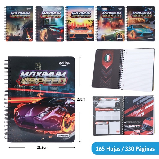 [ESP-12-5M] CUADERNO ESPIRAL 5 MATERIAS 330 PAGINAS (CARROS)