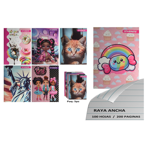 [SNB-100-2] CUADERNO GRAPADO 14.2X20.4CMS 5PCS, R.ANCHA 100PAG. DISEÑO NIÑA