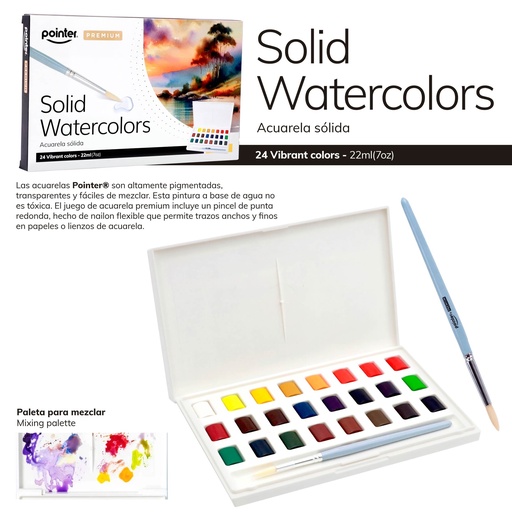 [PR-WC-23225] ACUARELA SOLIDA PREMIUM 22ml x24 COLORES CON BANDEJA PARA MEZCLAR