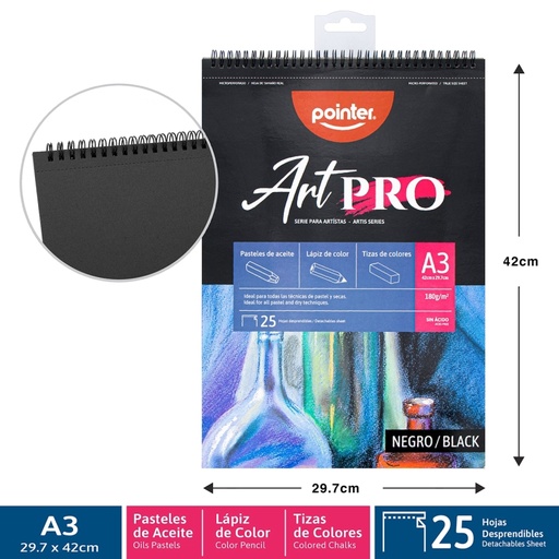 [DBPA-180-A3] BLOCK ART PRO NEGRO A3 - PASTELES DE ACEITE, LAPIZ Y TIZAS DE COLORES 