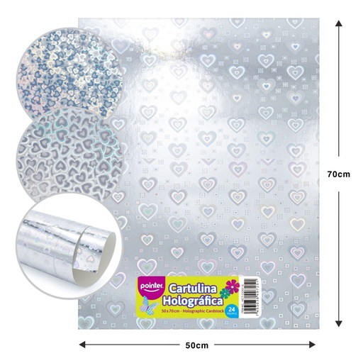 [HCT-CO57-S] CARTULINA HOLOGRAFICA PLATEADA - CORAZONES (50x70CM)