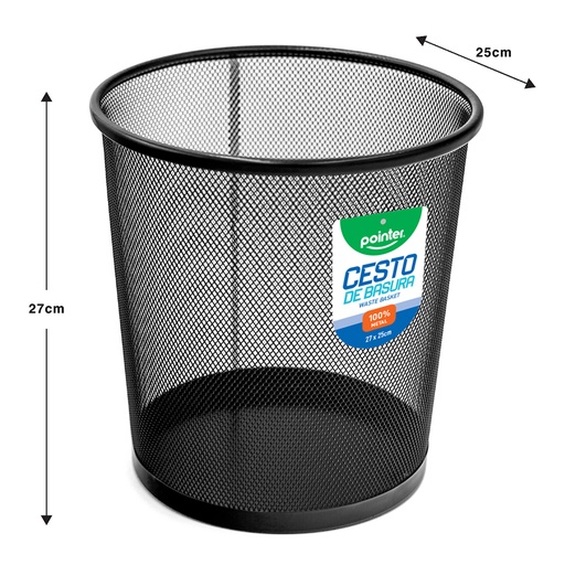 [HY-65002-BK] CESTO METALICO REDONDO PARA BASURA (NEGRO) 27x25Cm