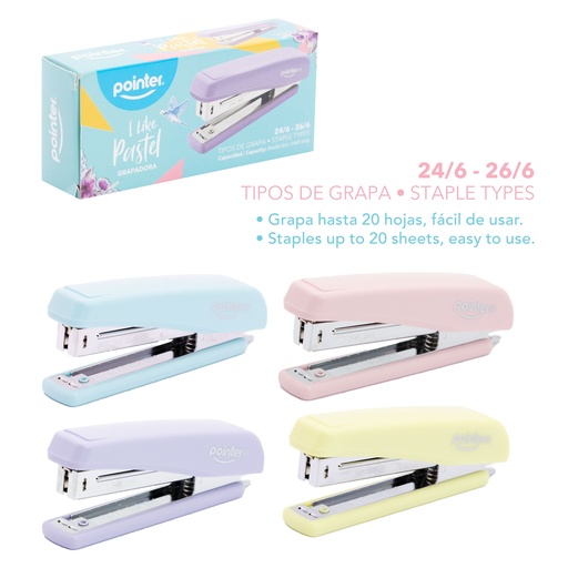 [ST-2299] GRAPADORA PLASTICA MEDIA TIRA (PASTEL) - 20 HOJAS