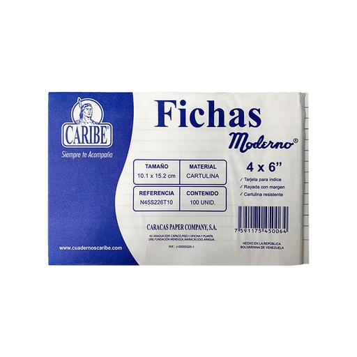 [N45S226T10] TARJETAS INDICE RAYADAS (FICHAS) 4X6"