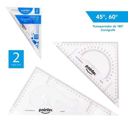 [RU-2030] JUEGO DE GEOMETRIA - ESCUADRAS, TRANSPORTADOR Y CURVIGRAFO