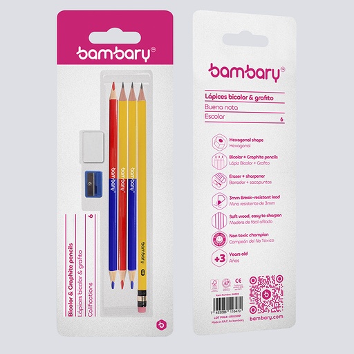 [205-1505/105] LAPICES BICOLOR & GRAFITO HEXAGONALES x4UND + SACAPUNTAS Y BORRADOR
