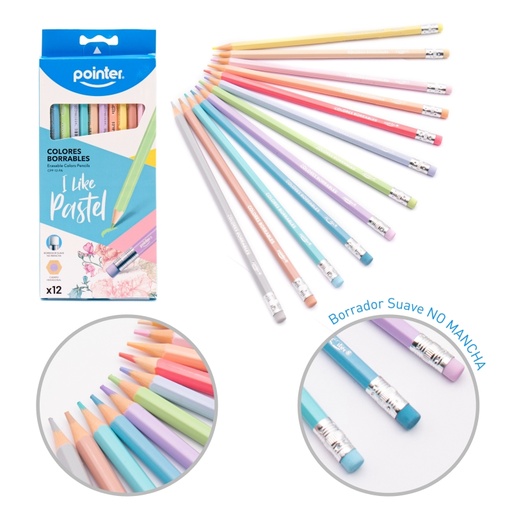 [CPP-12-PA] LAPICES DE COLORES BORRABLES x12PZS - PASTEL CUERPO HEXAGONAL