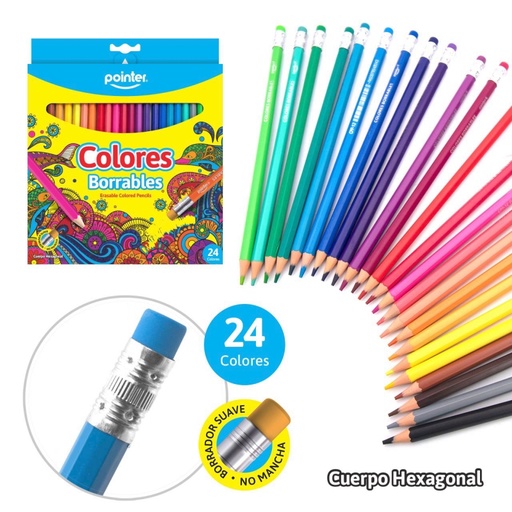 [CPP-24] LAPICES DE COLORES BORRABLES x24PZS - CUERPO HEXAGONAL