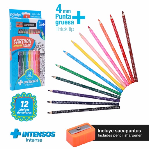[RCPS-12DS] LAPICES DE COLORES +INTENSE 4mm x12PZS - CUERPO TRIANGULAR Y SACAPUNTAS 