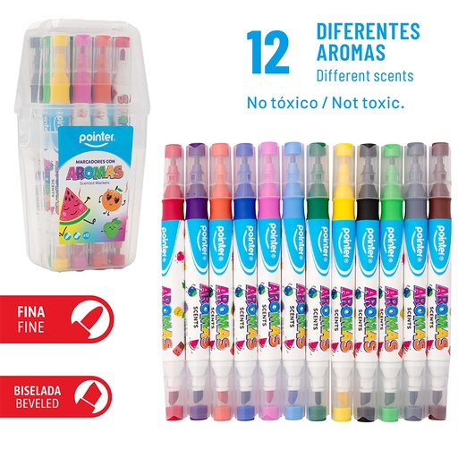 [WC-23101] SET DE MARCADORES DOBLE PUNTA CON AROMA x12 COLORES