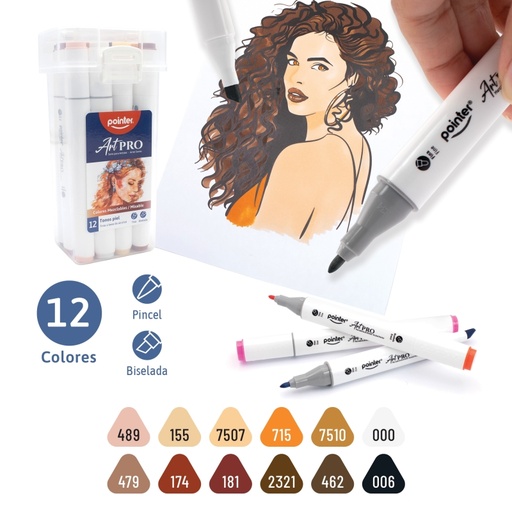 [AHC-12-RO] SET DE MARCADORES MEZCLABLES ART PRO DOBLE PUNTA x12 TONOS PIEL