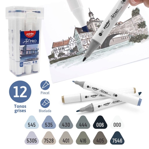 [AHC-12-GR] SET DE MARCADORES MEZCLABLES ART PRO DOBLE PUNTA x12 TONOS GRISES 