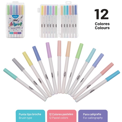 [WC-2212-P] SET DE MARCADORES LETTERING PUNTA PINCEL x12 COLORES PASTEL