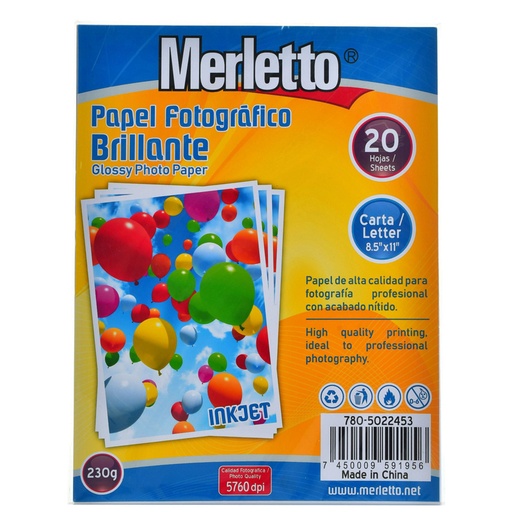 [780-5022453] PAPEL FOTOGRAFICO BRILLANTE 230G - CARTA x20 HOJAS