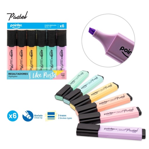 [HL-210] RESALTADORES PASTEL PUNTA BISELADA x6PZAS