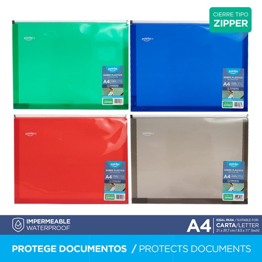 [FL1-18] SOBRE TRANSPARENTE CON CIERRE TIPO ZIPPER - CARTA 21x29,7Cm