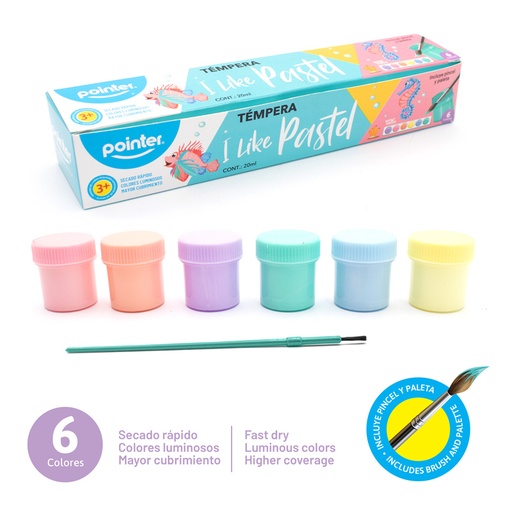 [TP-206-PA] SET DE TEMPERA x6 COLORES PASTELES + PINCEL Y PALETA