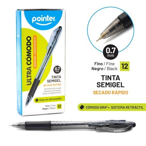 [BP-4007-N] BOLIGRAFO RETRACTIL SEMIGEL NEGRO ULTRA COMODO 0.7MM