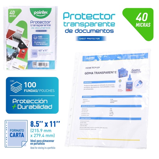 [PNT-FP-4-100] FUNDA PROTECTORA TRANPARENTE 40 MICRAS - TAMAÑO CARTA 21,5x27,9Cm