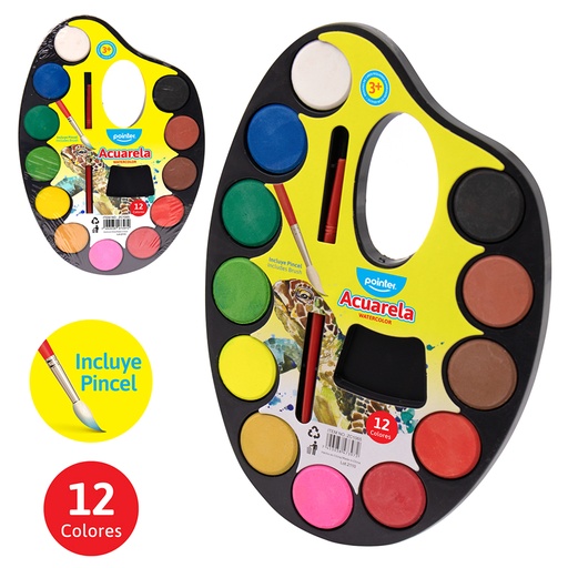 [ZC1065] PALETA DE ACUARELA MEDIANA x12 COLORES CON PINCEL