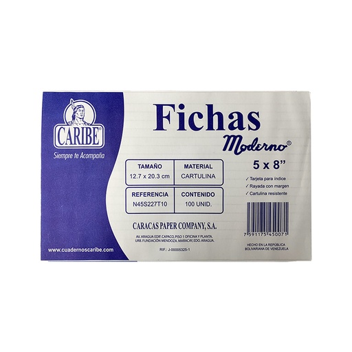 [N45S227T10] TARJETAS INDICE RAYADAS (FICHAS) 5X8"