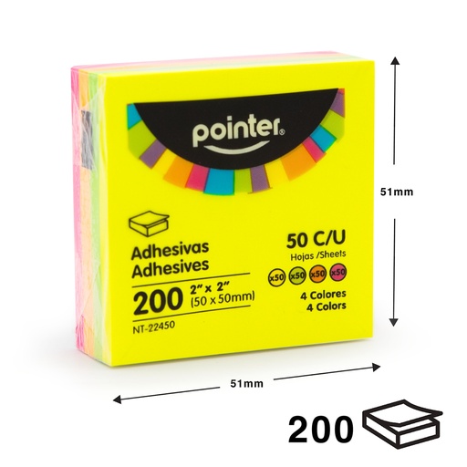 [NT-22450] NOTAS ADHESIVAS NEON - 2x2" x200 HOJAS