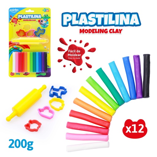 [PST-12200-MR] KIT DE PLASTILINAS PARA MOLDEAR x12 COLORES - CON RODILLO Y MOLDES DE FIGURAS