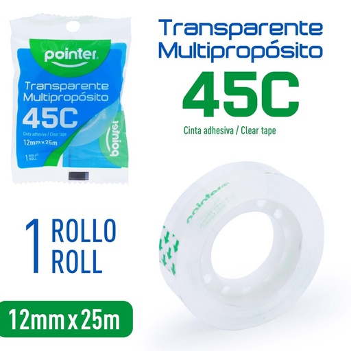 [TP-1225-45CL] CINTA ADHESIVA TRANSPARENTE MULTIPROPOSITO 45C - 1,2Cm x 25Mts