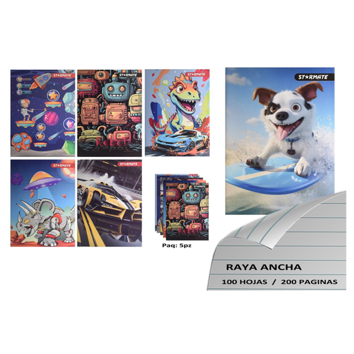 [SNB-100-1] CUADERNO GRAPADO 14.2X20.4CM, 5PCS R.ANCHA 100PAG.DISEÑO NIÑOS